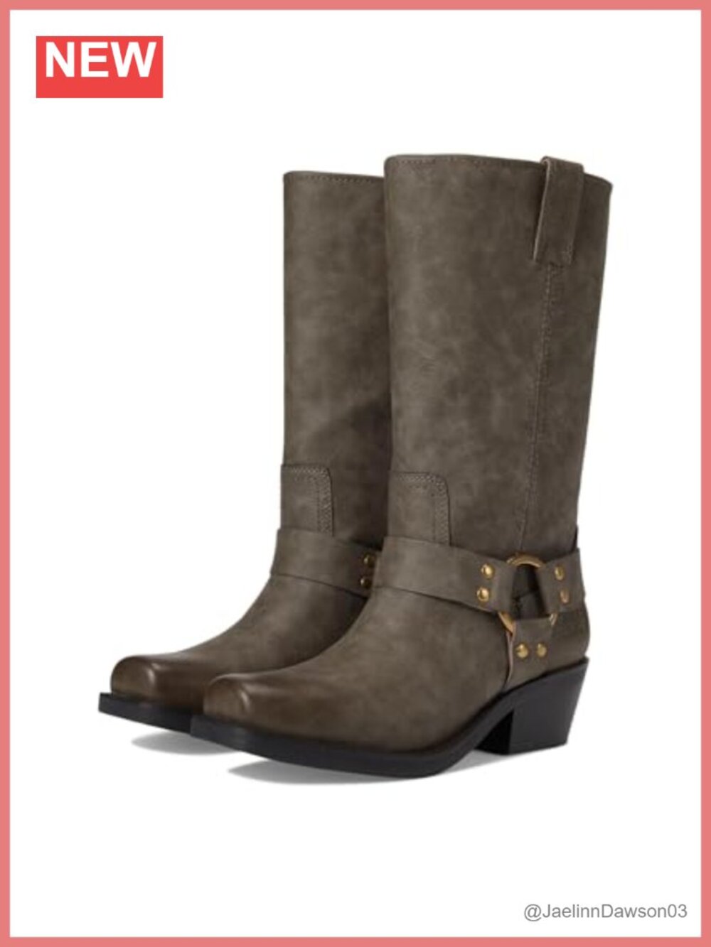 Harness Motorcycle Boot Square Toe Block Heel Mid-Calf Vegan Leather